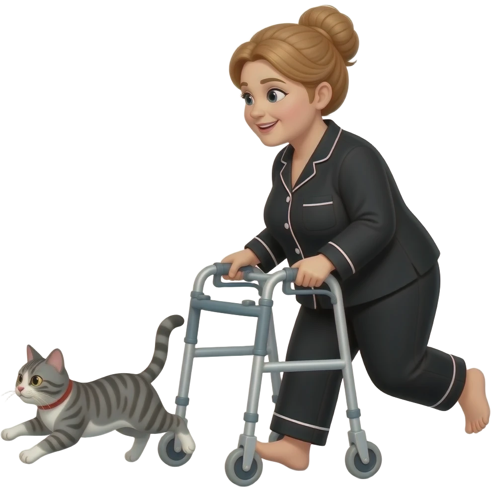 Tiny emoji, Middle aged, a little heavy set, d, light auburn hair in a bun, woman in  black pajamas using walker, chasing after a grey and white tabby cat emoji