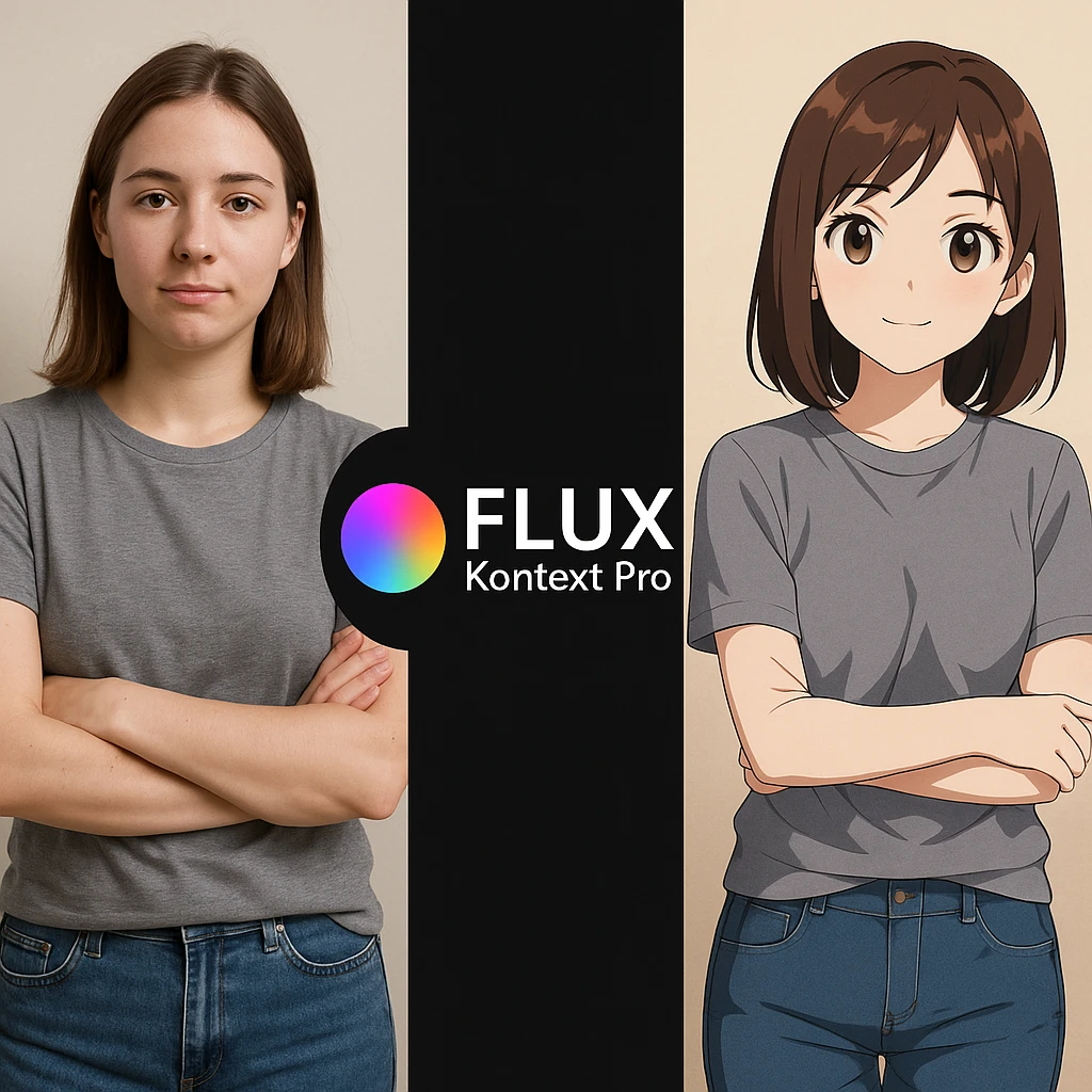 create before after image of a girl before is realsitic photo, after is anime version of her in same pose and clothes, add logo with text of a "FLUX Kontext Pro" in middle in big, black background emoji