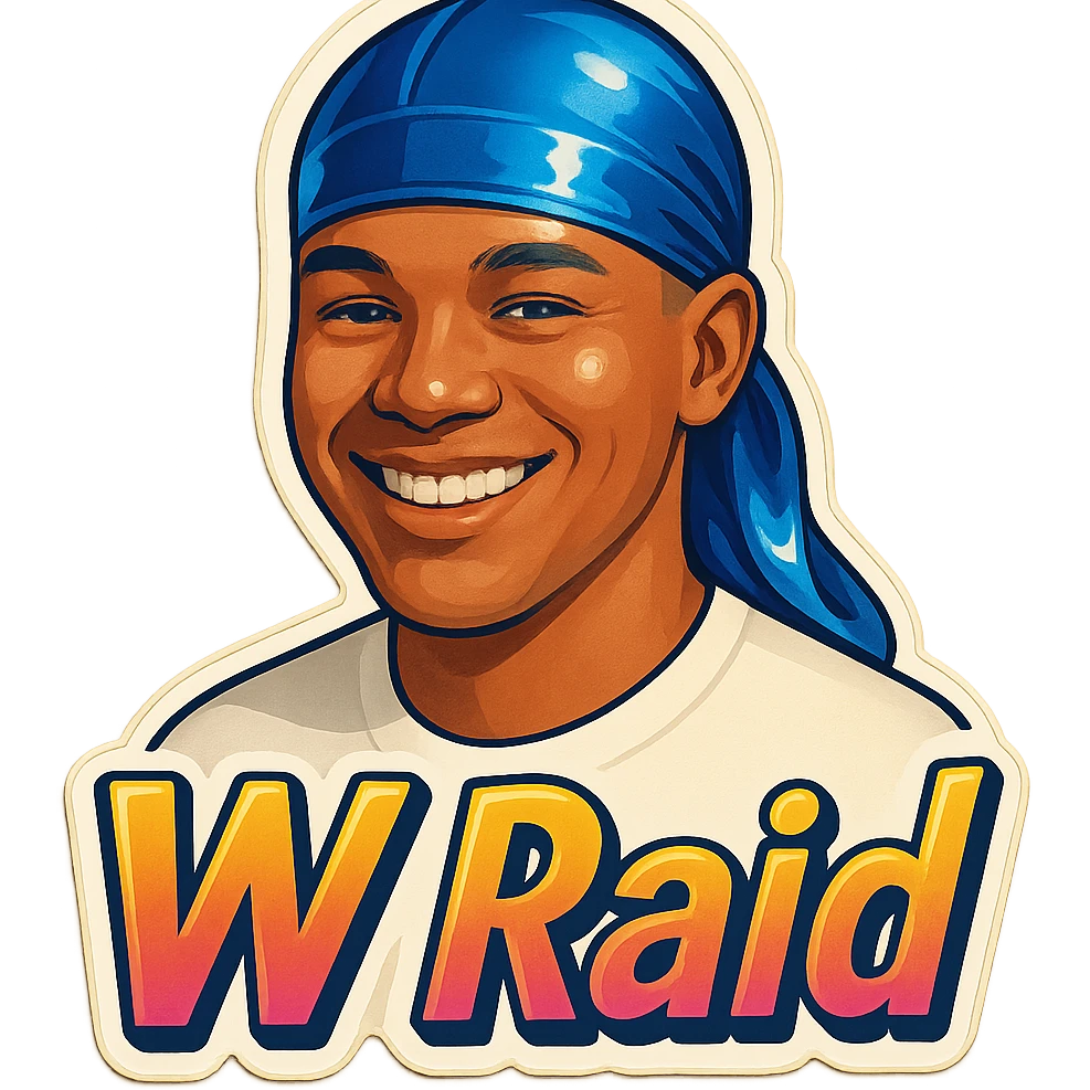 Smiling no teeth
make his shirt white
Change His durag To BLUE
Make it say "  W Raid " emoji