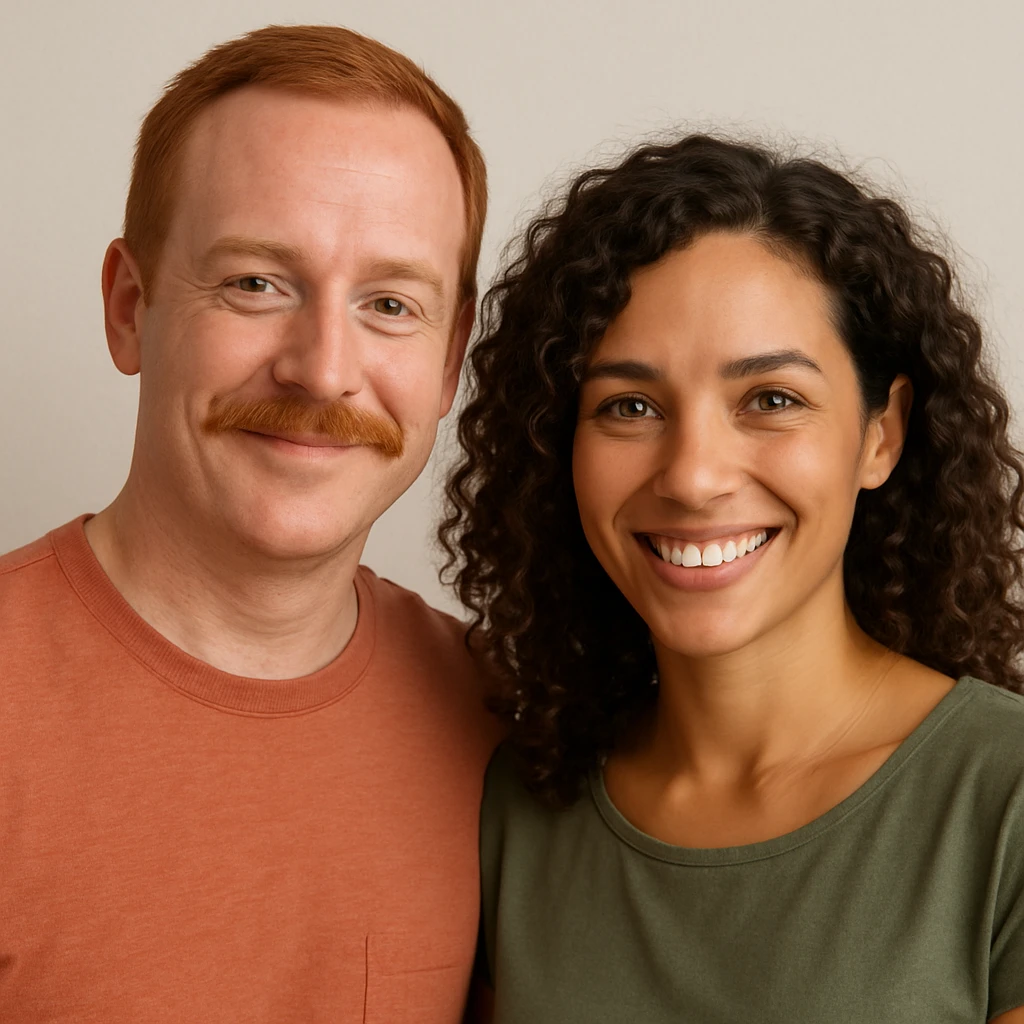 ginger man with brown eyes and ginger mustache, next to a brown curly haired woman with green eyes and tan skin, both friendly, upper body, plain background emoji