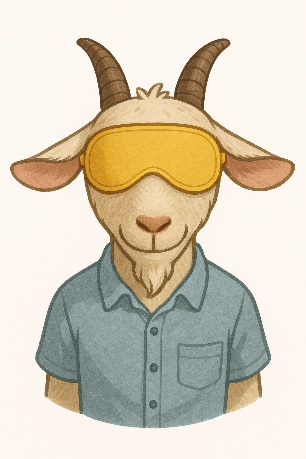 a goat with yellow sleep mask and wearing shirt, front view,  Frontal Top-Down Soft Light, white background, portrait, casual cartoon stylized emoji
