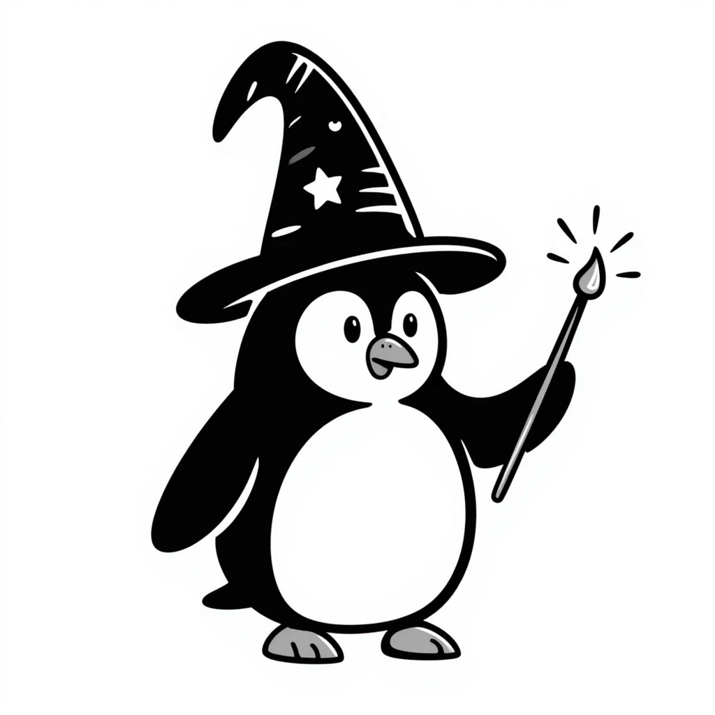 A penguin wizard with a pointy hat and a magic wand emoji