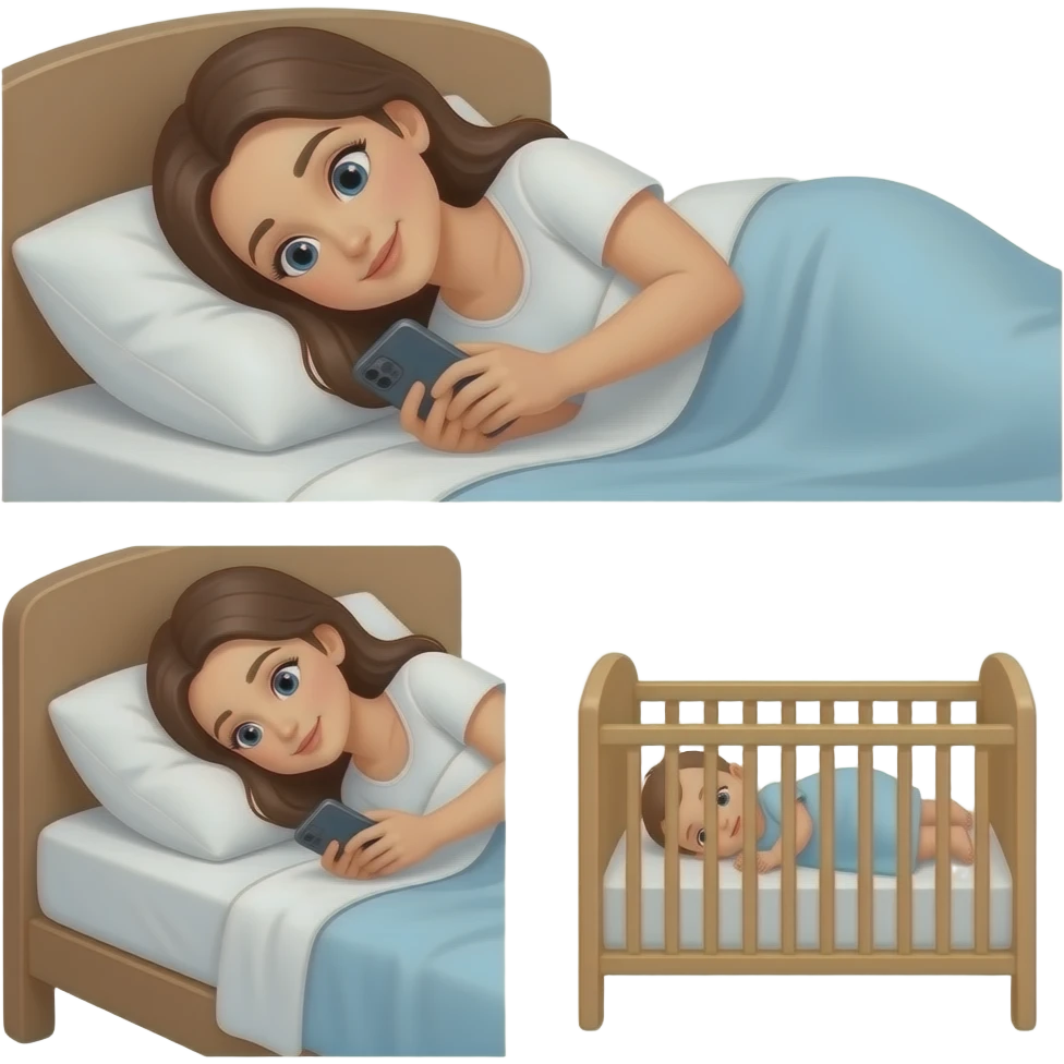 mujer acostada en la cama mirando el celular, un bebe a su lado en cuna emoji