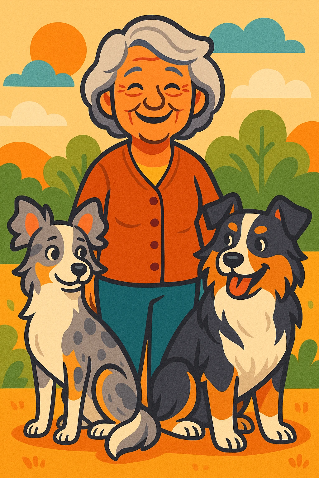 smiling older woman with grey hair standing with two mini Australian shepherds, one delicate feminine dog and one masculine dog, both showing distinct personalities in a warm, friendly illustration emoji