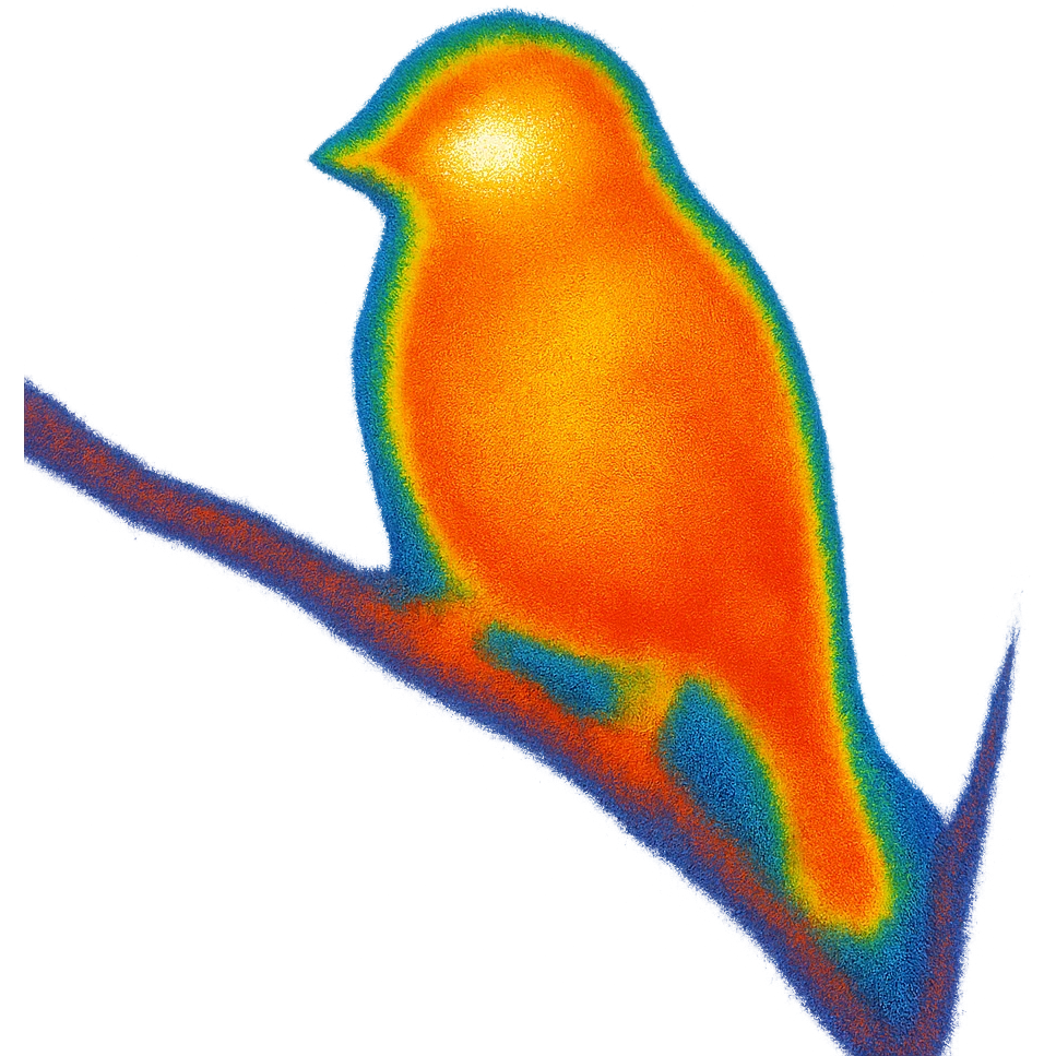 a bird perched on a branch, thermal camera style, glowing heat zones, no background emoji