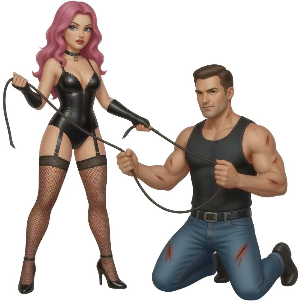 Una dominatrice con i capelli rosa con la frusta, un dominatore che frusta un uomo inginocchiato con ferite emoji