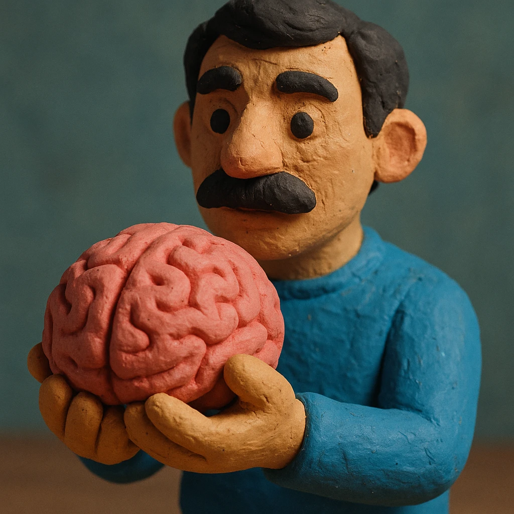 a dark-haired man with a mustache holding a brain, claymation style, more saturated colors, visible fingerprints emoji