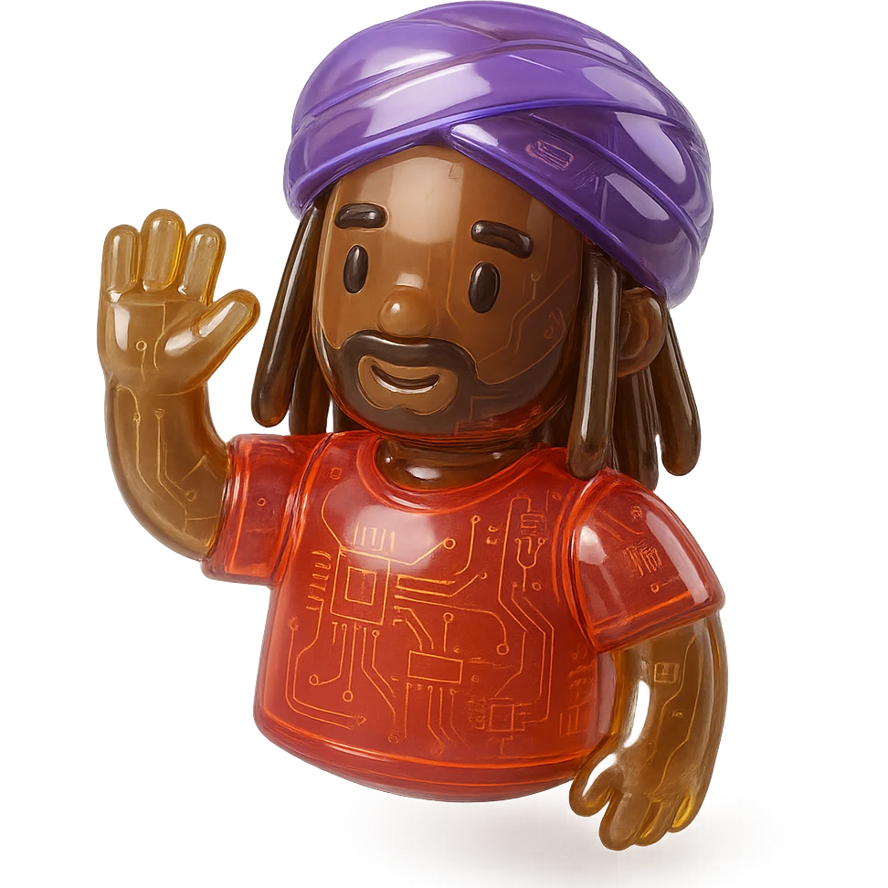 Brownskin man with long brown dreadlocks 
red t-shirt 
purple turban 
expression is waving hello emoji