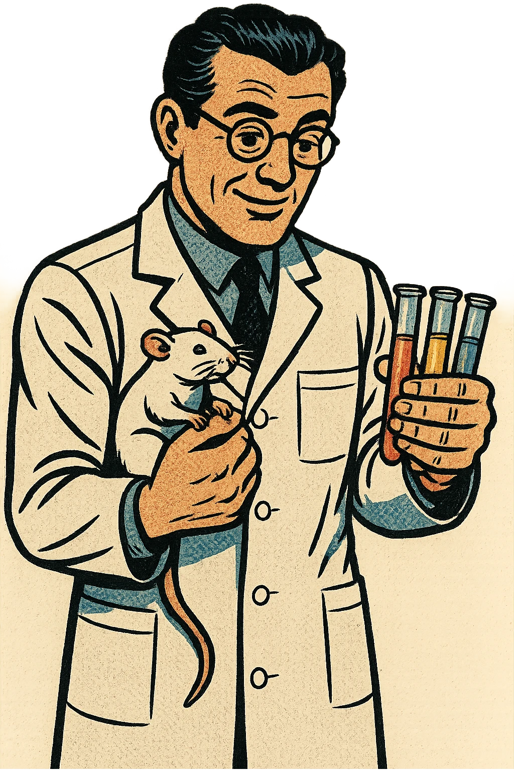a full body of 1940s caring scientist holding a lab rat and test tubes emoji