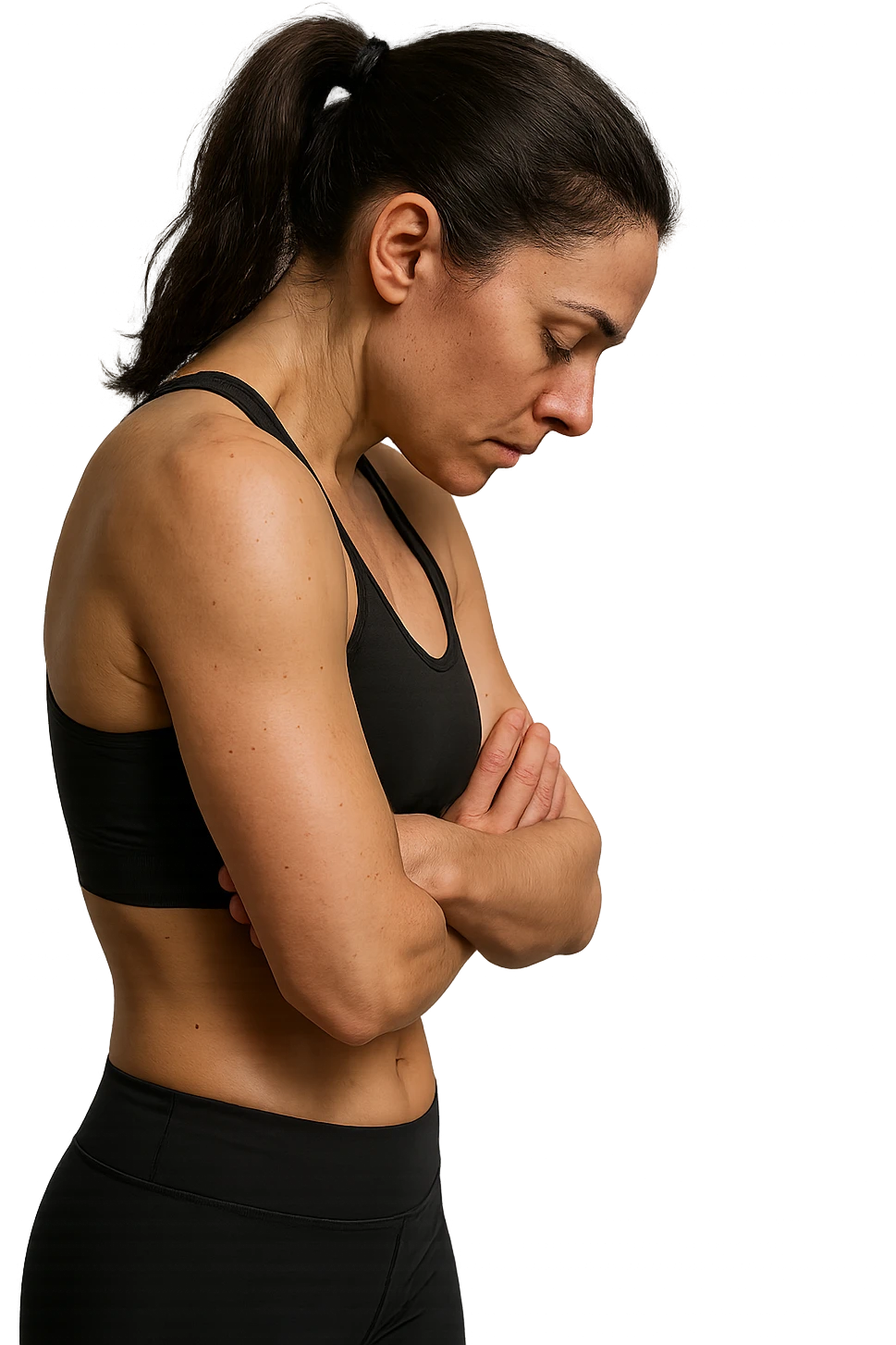 DONNA FITNESS DI PROFILO CON POSTURA CHIUSA E SPALLE IN AVANTI,  iperrealistico 4k emoji