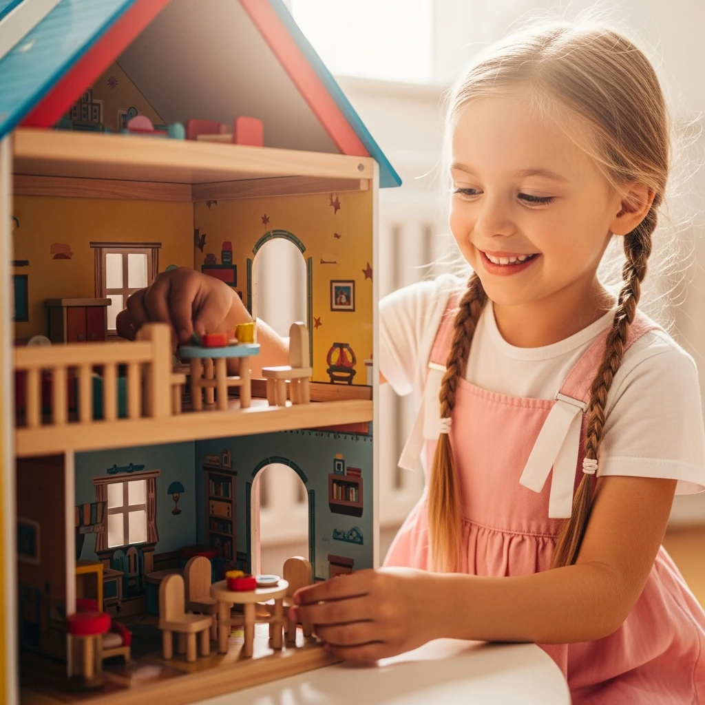 smiling girl arranging furniture in doll house emoji