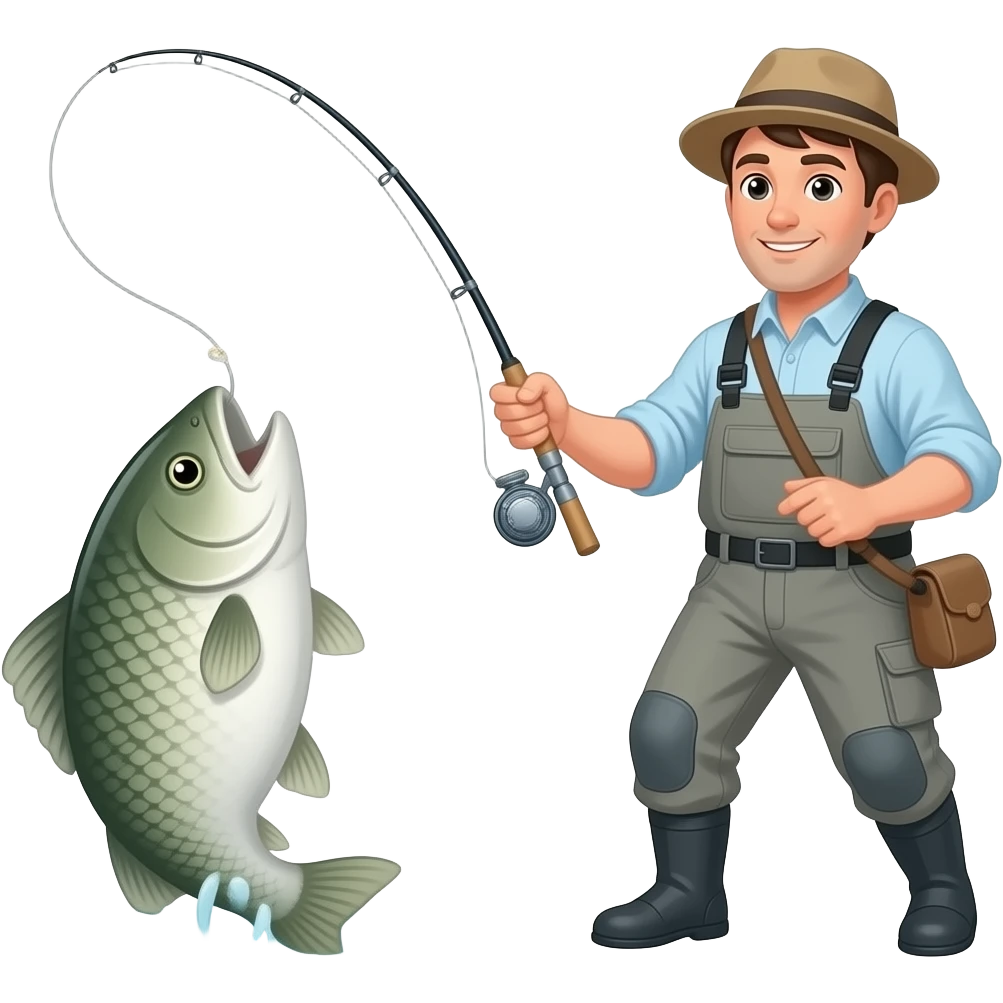 a guy fly fishing with grey waders using the fly fishing rod like a whip, no fish on the end emoji
