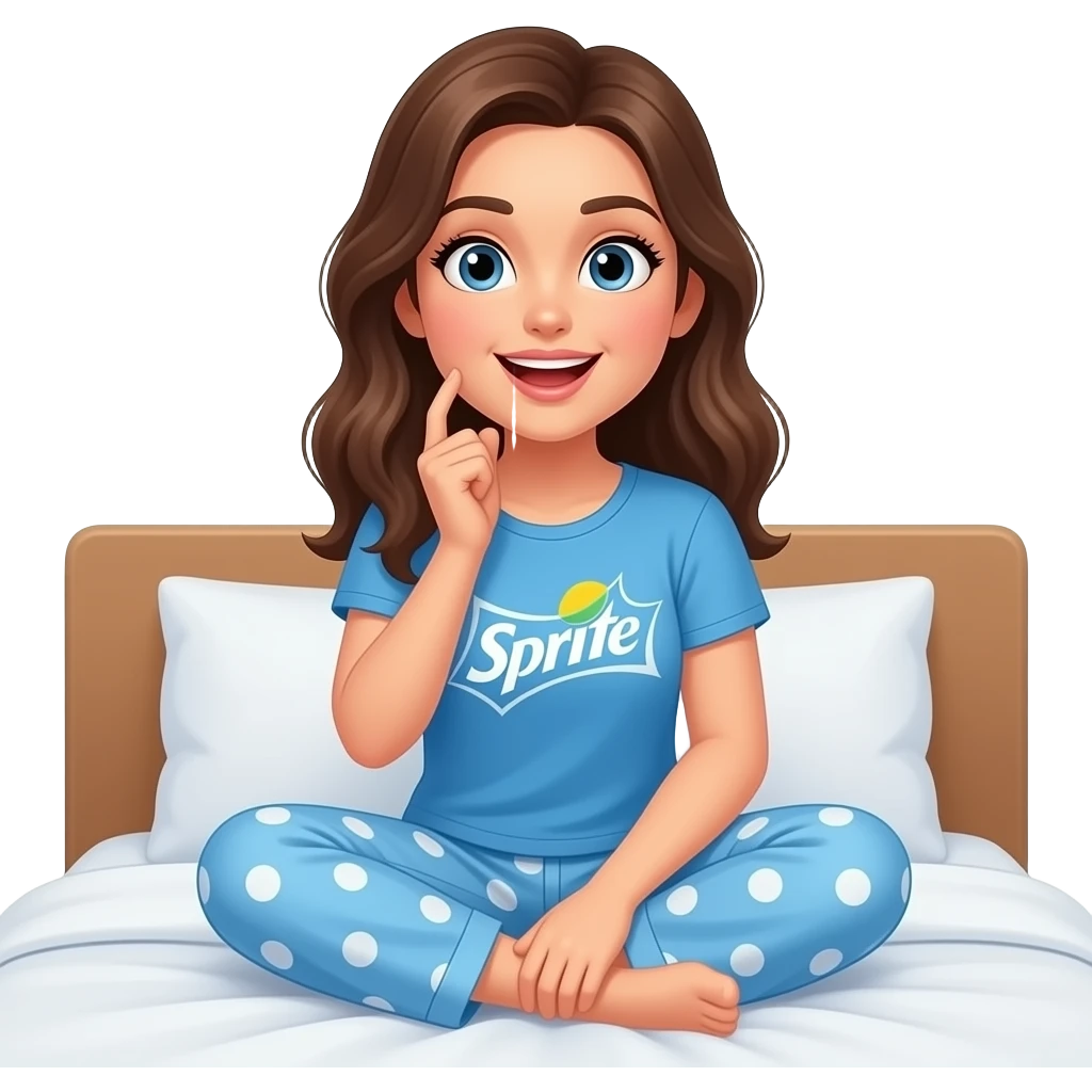 침대에 앉아서 특별한 생각이 유레카하며 번쩍 떠오른 느낌의 상의 파랑 스프라이트 스타일 반팔 바지는 귀여운 잠옷바지를 입고 있는 예쁜 20대 여성 이모지 emoji