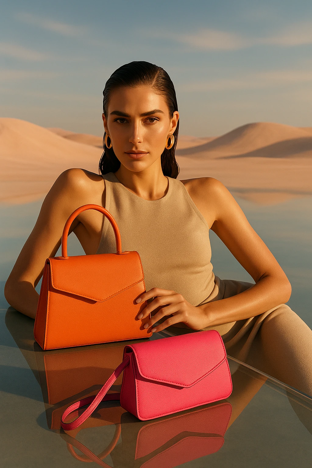 Editorial fashion: a woman with sleek wet hair and earrings reclines on a glassy surface in a pastel desert, holding orange and pink designer bags. She wears a beige minimalist top and gazes at the camera, with dramatic sunlight and a luxury campaign feel. emoji