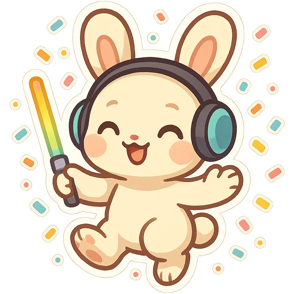 cute rave bunny wearing headphones, holding a glow wand, surrounded by confetti, festive mood emoji