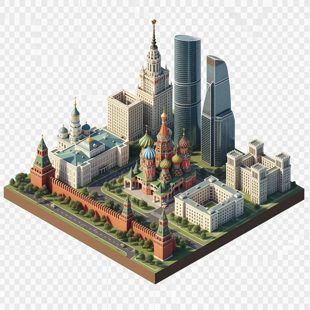 Изометрическая фотореалистичная иллюстрация-модель Москвы с Кремлем с Храмом Василия Блаженного, МГУ и Сити, баланс между стилизацией и реализмом, эффект миниатюры, прозрачный фон emoji