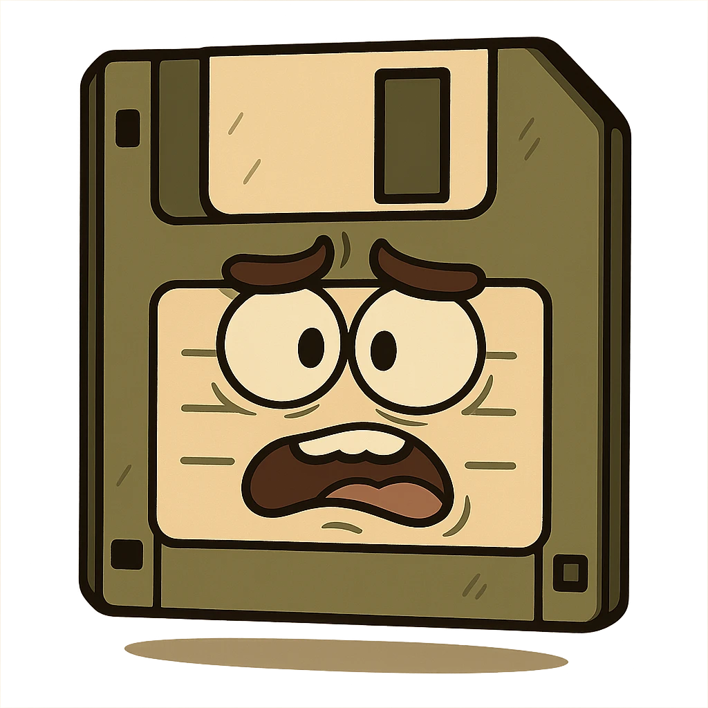 olive green floppy disk with a beige label, clear bold outlines, graphic shadows and highlights emoji