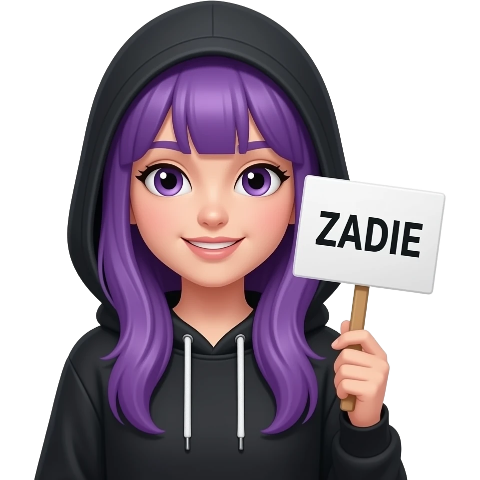 girl with long purple hair wearing a black hoodie with the hood atop her headholding a ZADIE sign emoji