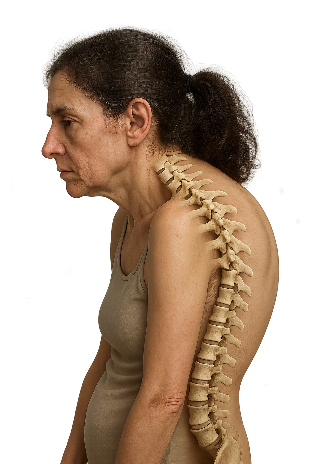 donna di profilo con spalle chiuse in avanti e postura storta, spina dorsale anatomica visibile, iperrealistico 4k emoji