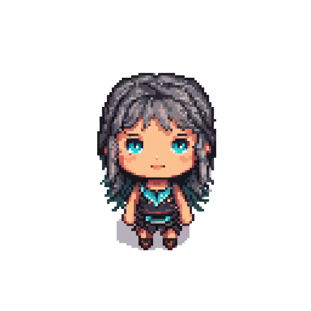 Raquel Freitas Silva as a pixel art character, vibrant colors, simple background, expressive face, chibi proportions, clear details emoji