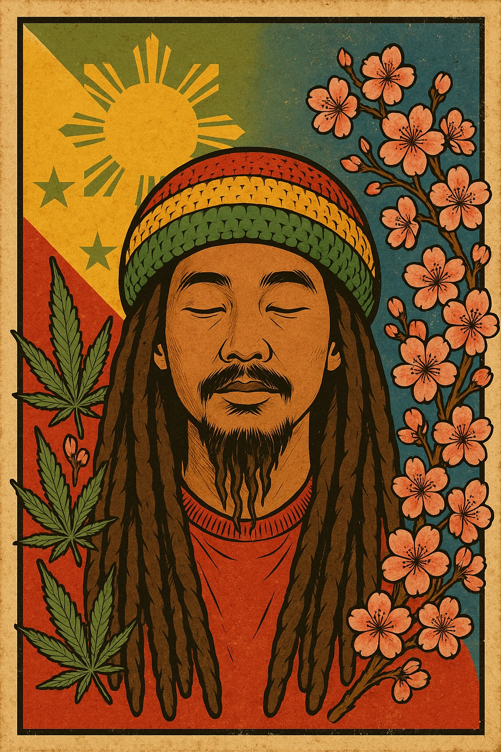Vintage poster of an Asian Rasta with long dreadlocks, peaceful eyes, and a red-gold-green tam. Surrounded by cherry blossoms and ganja leaves. Background blends Rasta colors into an Asian flag (e.g., red sun from Japan or Chinese star). Retro reggae fusion vibe, with bold lines and aged paper texture. Philippines 
 emoji