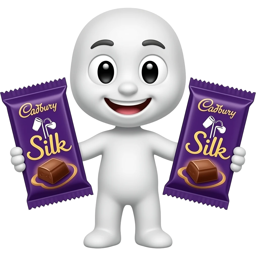 It features a stylized white character holding two bars of Cadbury Dairy Milk Silk chocolate emoji