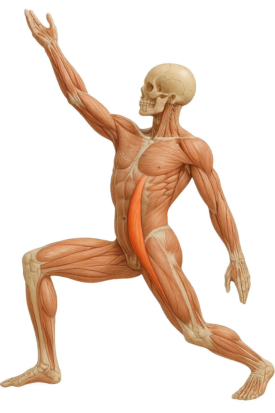 corpo umano anatomico realistico che fa stretching allungando il muscolo PSOAS, isolato su sfondo bianco emoji