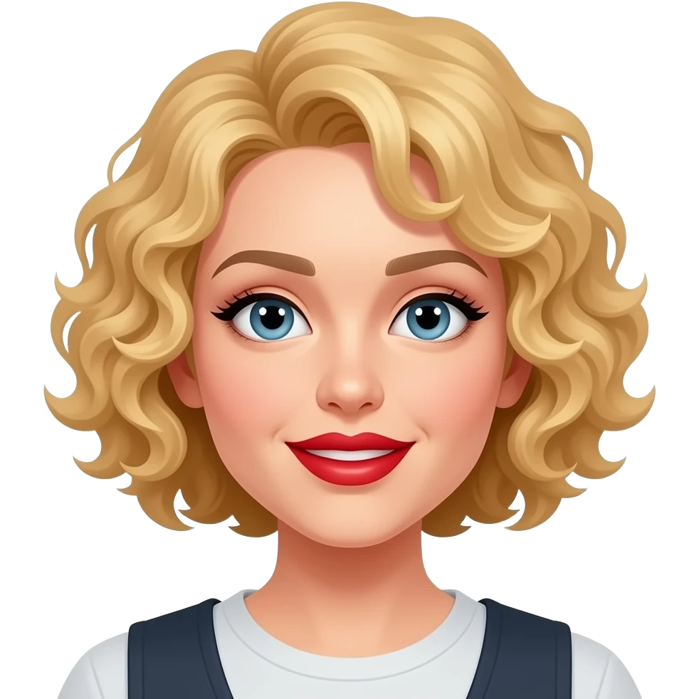 short blonde tight curly hair bob looking at subtitles in red lipstick emoji