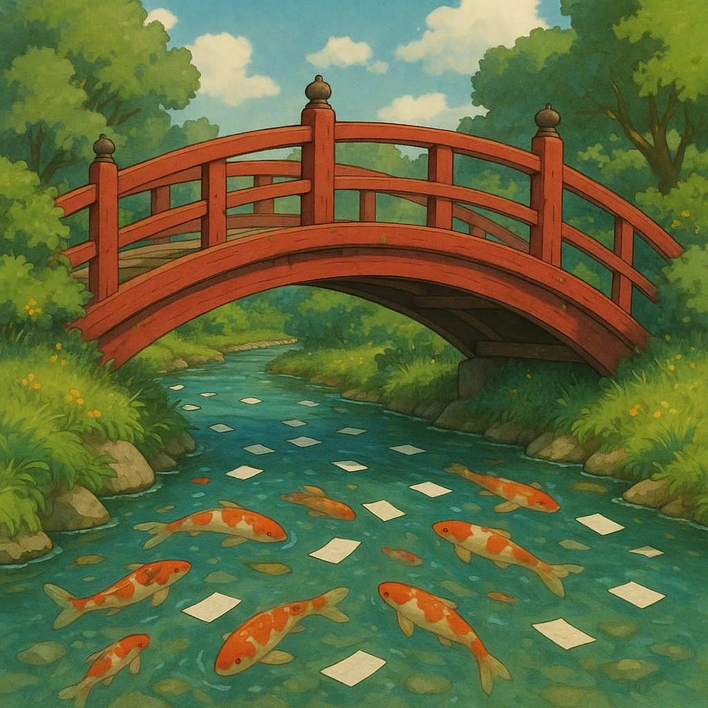 Bridge crossing a koi-filled stream with floating paper wishes. emoji