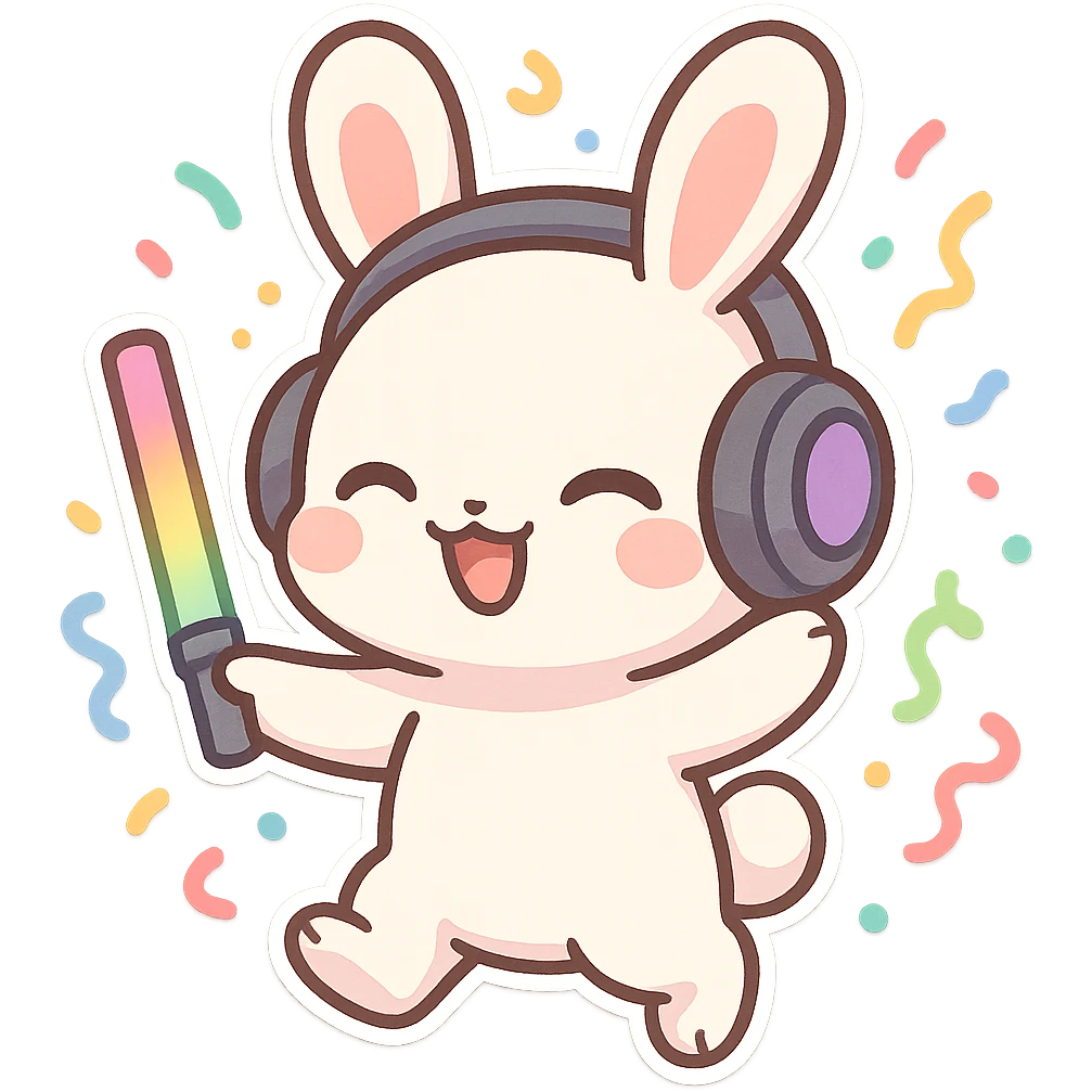 cute rave bunny wearing headphones, holding a glow wand, surrounded by confetti, festive mood emoji