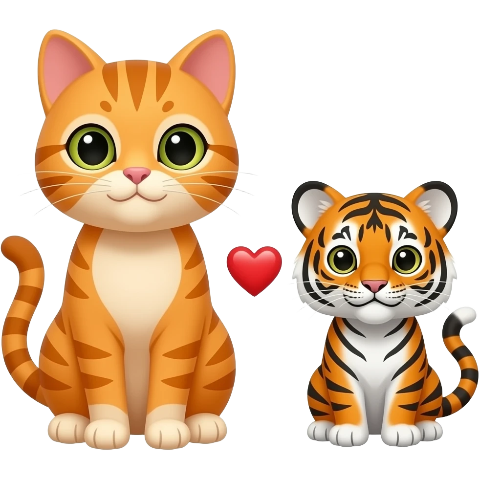 Un gato naranja y un tigrecito con un corazón en medio de los dos emoji
