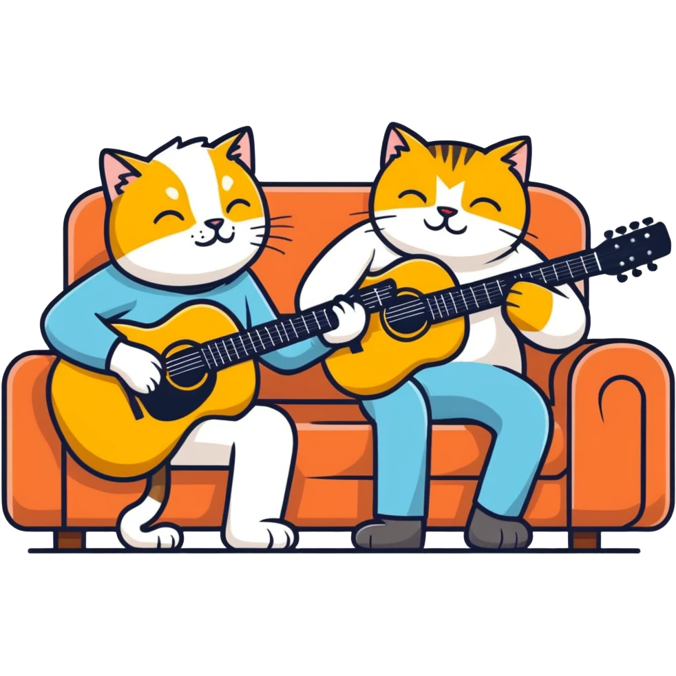  older blind man playing guitar  on the couch with his golden cat  emoji