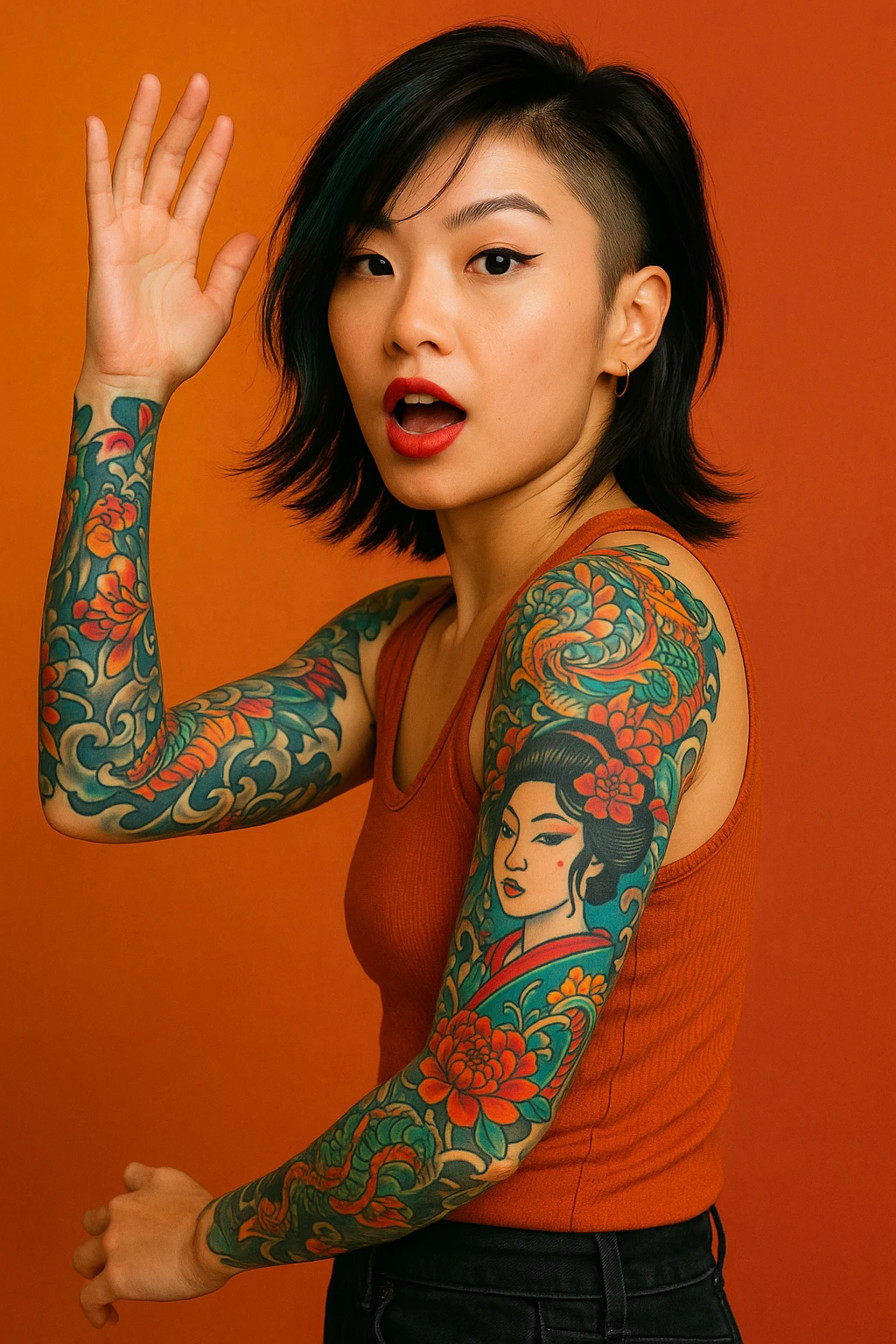 asian girl with sleeve tattoos, modern hairstyle, expressive pose emoji