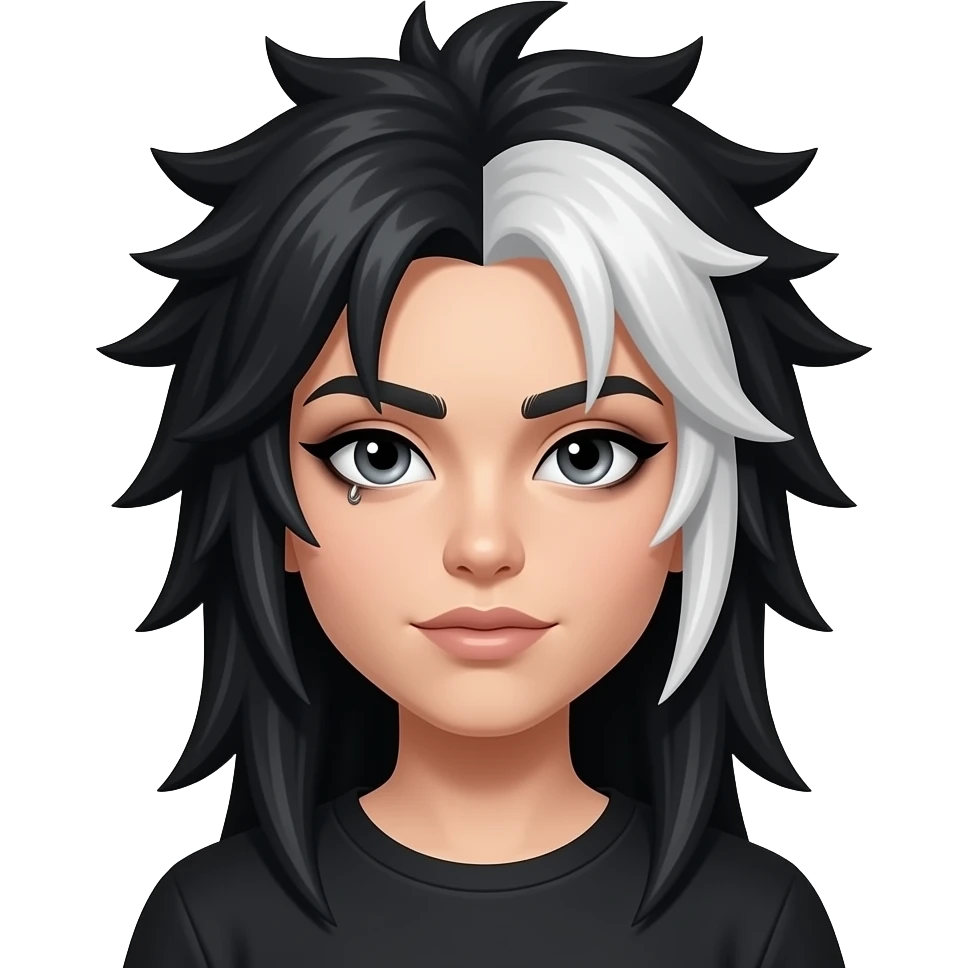 long spiky black hair, heavy eyeliner, white hair highlights, and eyebrow pirecing emoji