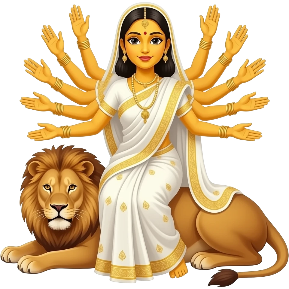A bengali yellow skinned bride with exactly ten empty hands sitting on a lion emoji