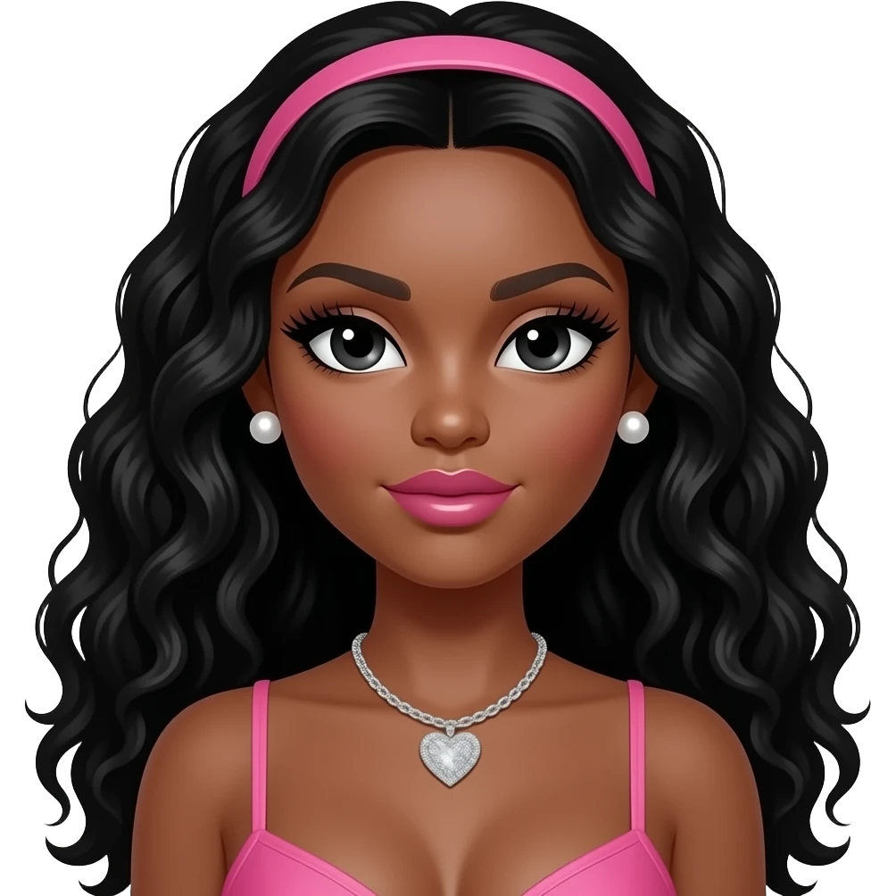 Pink bimbo lips, black doll eyes, dark brown skin, Long giant lashes,Doll faced shaped, silver Swarovski heart necklace, big Pearl earrings studs, bimbo, black doll eyes, barbie, darker brown skin with long curly black hair,, big breast no bra emoji