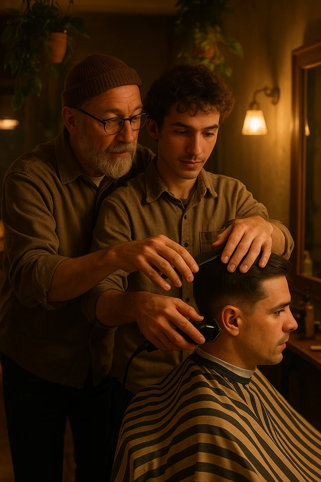 Inside a cozy barbershop with soft lighting, an experienced barber gently teaches his apprentice, guiding his hands as they cut hair together. The room is filled with warmth, plants hanging from the ceiling, and the hum of clippers emoji