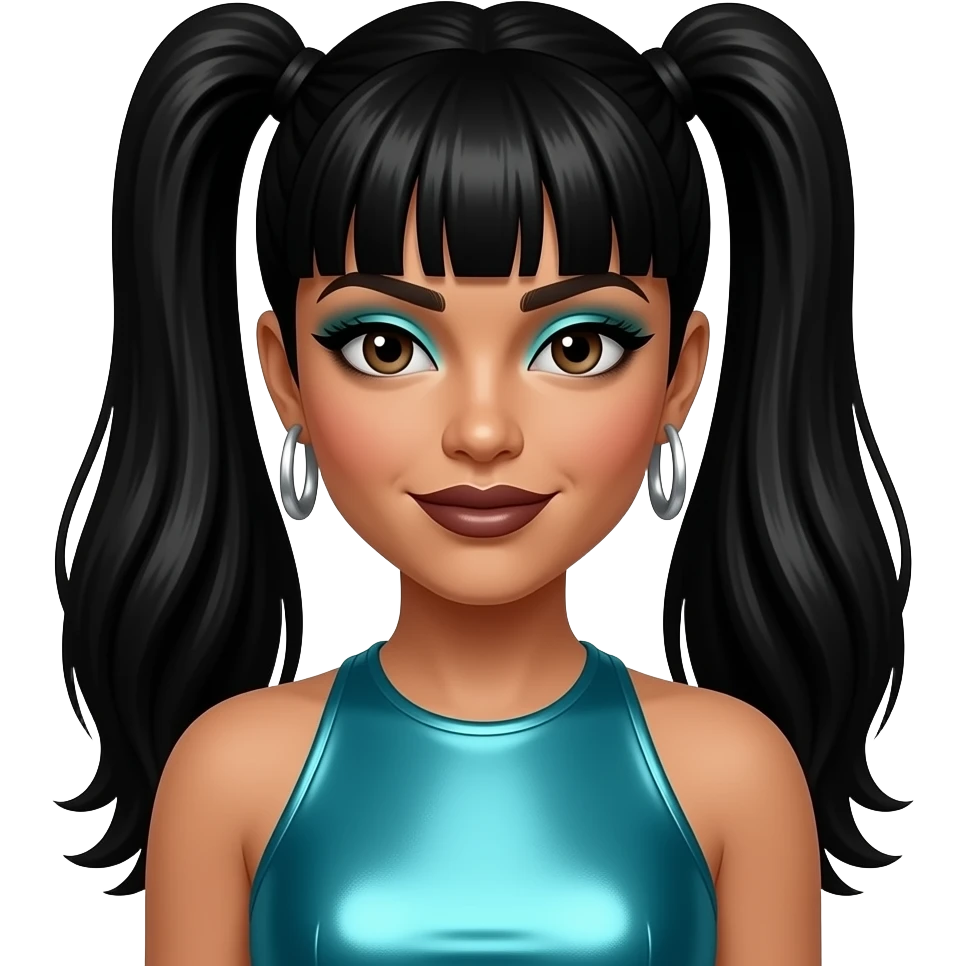 Lisa Left Eye Lopes from TLC with dark brown eyes, black two high ponytail hair with bang, cyan eyeshadow, dark brown lipstick, cyan metallic halter dress, silver earrings emoji