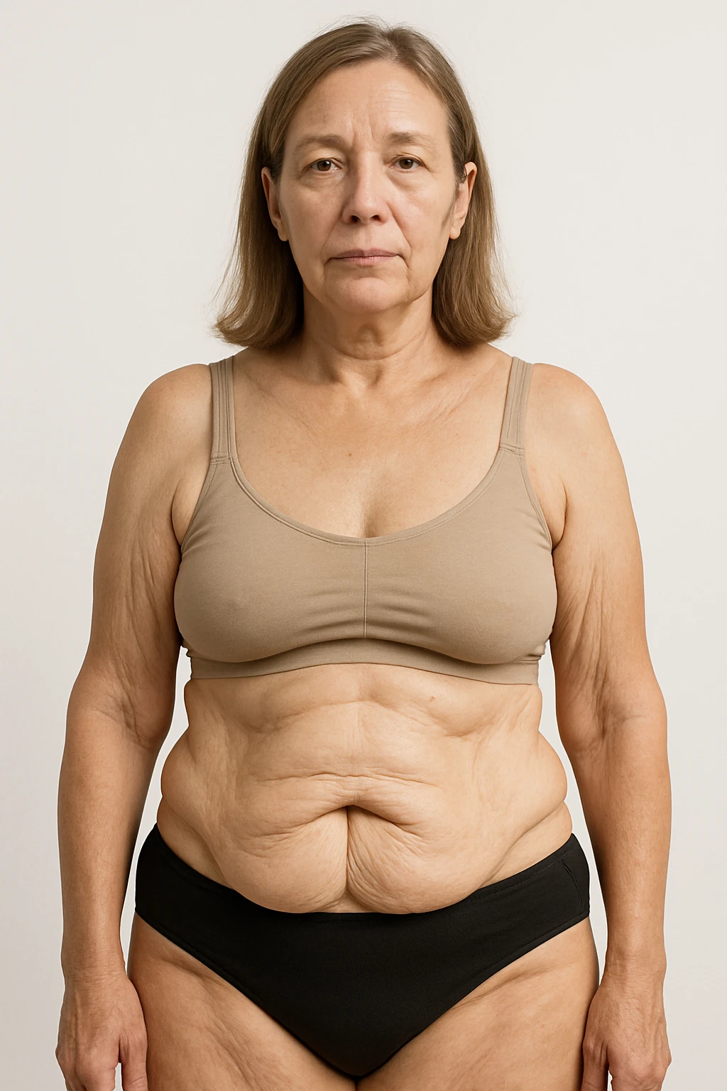 realistic woman with skin flaccidity, detailed skin showing loose skin on abdomen and arms, white background emoji