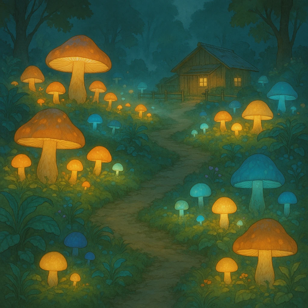 magical fungi farm with glowing mushrooms, misty air, fantasy plants, Ghibli-inspired style emoji
