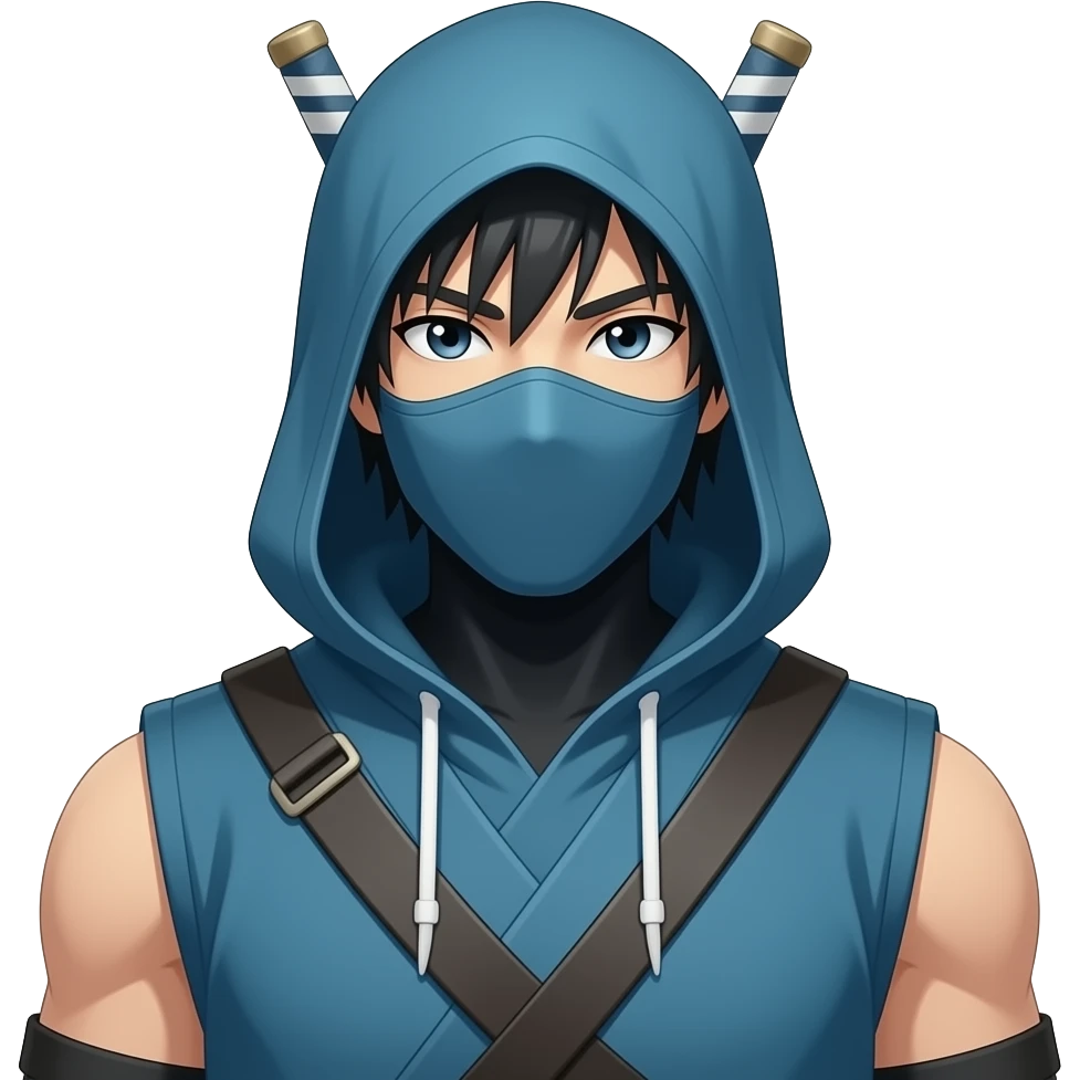 Anime Ninja all dark cyan with hood sleeveless cyan masks very tall full body emoji