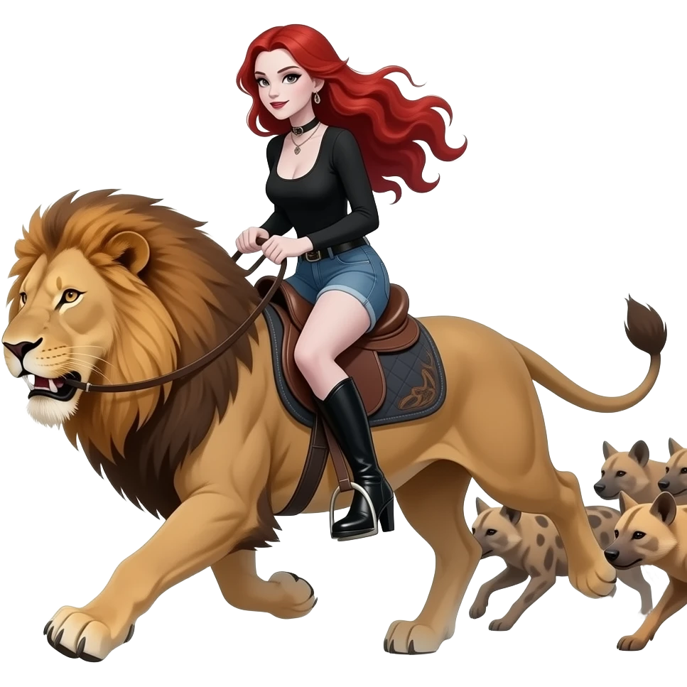 Vampiro femmina ADOLESCENTE con pelle bianca e capelli rosso ondulati lunghi raccolti in una mezza coda che indossa dei jeans corti un top nero con maniche lunghe e degli stivali lunghi con tacco che cavalca un leone SENZA sella SCAPPANDO da un branco di iene emoji