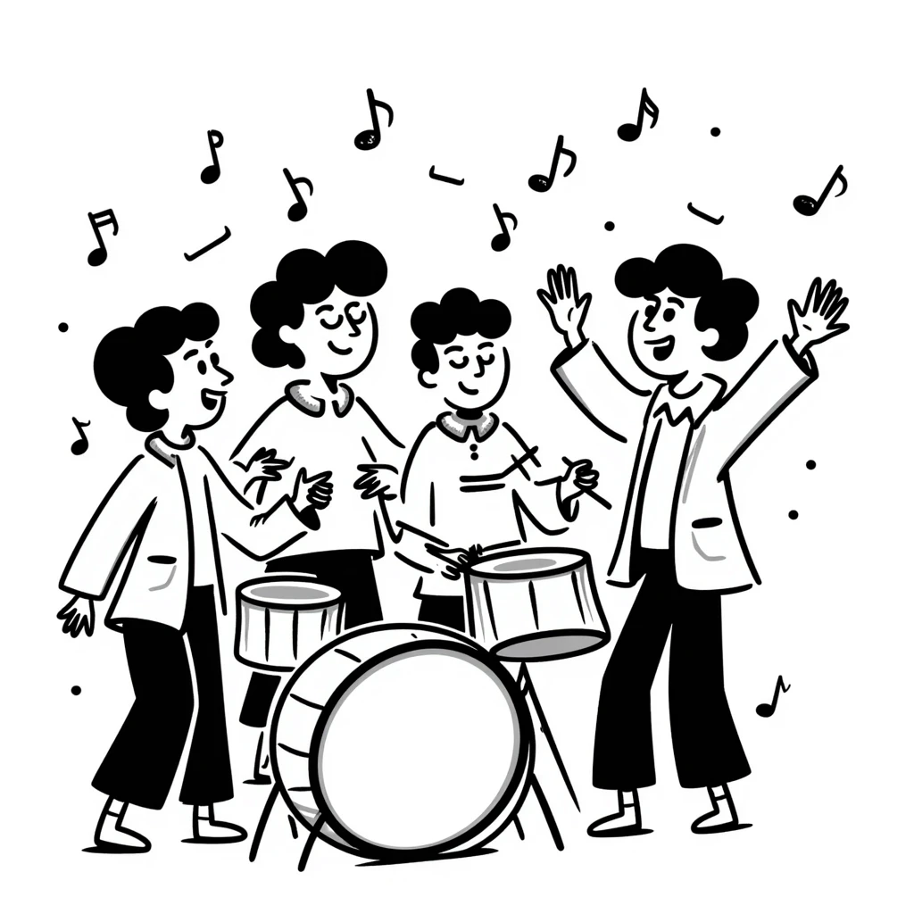 a festive scene with a group of people drumming and singing 'tung tung tung tung sahur', expressing joy and excitement, hand drawn doodle style emoji