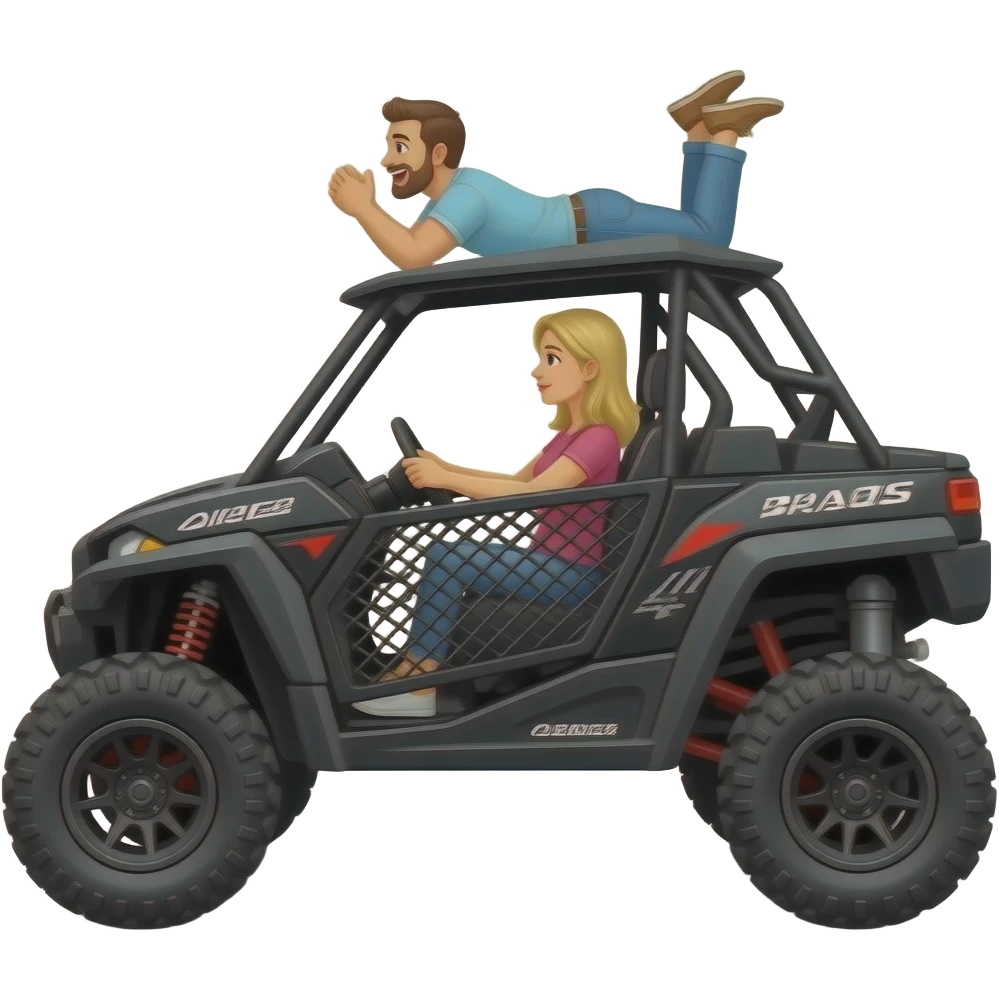 Black side view 4 door(instead of door use nets )  Polaris ranger sxs  lifted super high with mom (blonde) and driving  and dad laying on top of roof  on his belly playing emoji