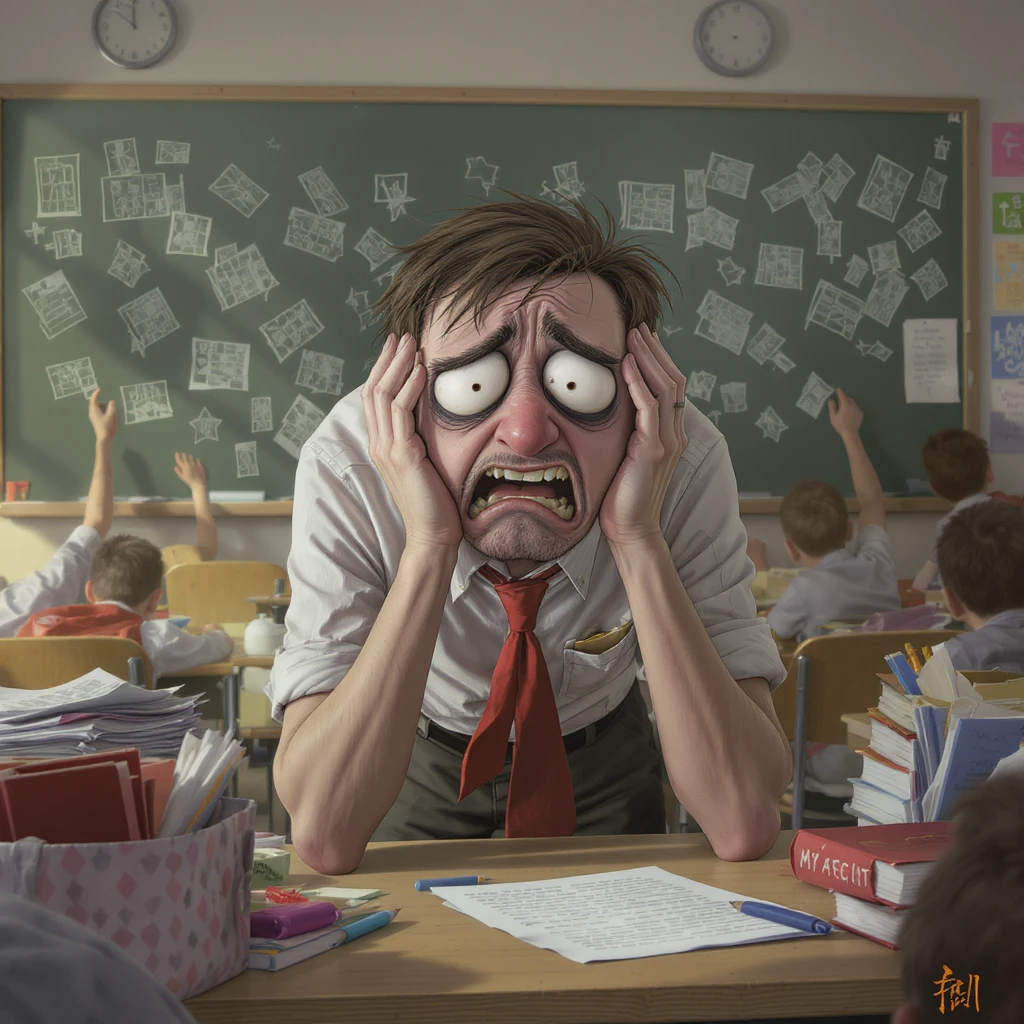 digital cartoon art of a exhausted teacher in a bustling classroom emoji