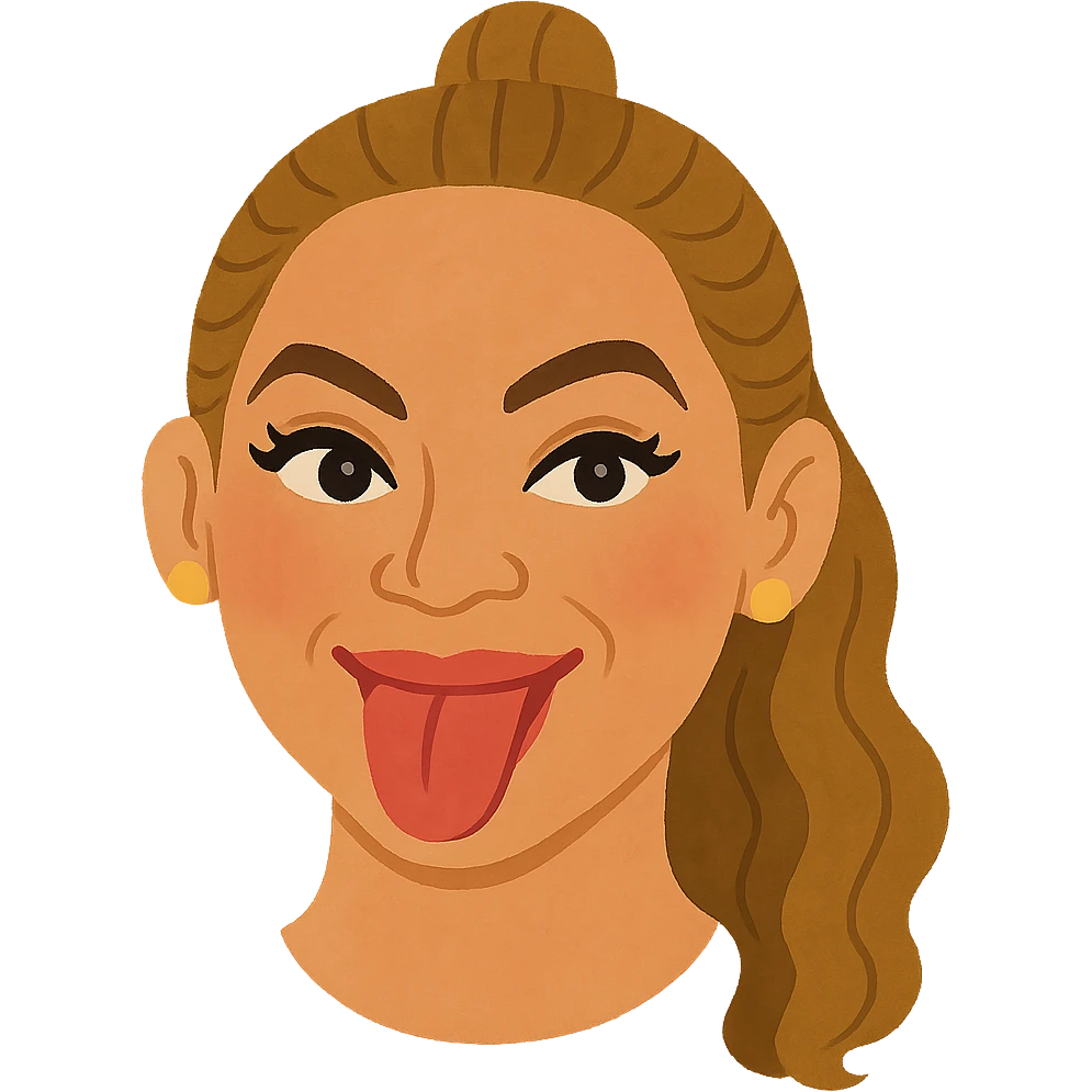 Create an image of Beyoncé's head in the style of the reference image which is Irasutoya-inspired, simple cartoon style with soft colors, a round face, iconic features, and a cheerful expression. The image should have no background and match the style of the reference closely. emoji
