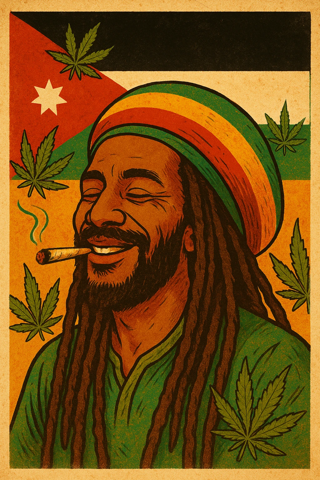 A digital vintage-style poster illustration of a Jordanian Rasta man with dreadlocks, wearing a red, yellow, green striped tam hat. He is smiling peacefully with a lit herbal spliff in his mouth. The background features the official Jordan flag — black, white, green horizontal stripes with a red triangle and a white 7-point star — accurately displayed behind him. Cannabis leaves are tastefully arranged around the composition, and the poster includes Rasta color textures blended with the Jordanian palette. Use a retro poster style with warm, slightly aged textures, bold outlines, and soft shading to evoke a soulful reggae vibe that honors both Jordanian pride and Rasta spirit. The mood is chill, powerful, and respectful emoji