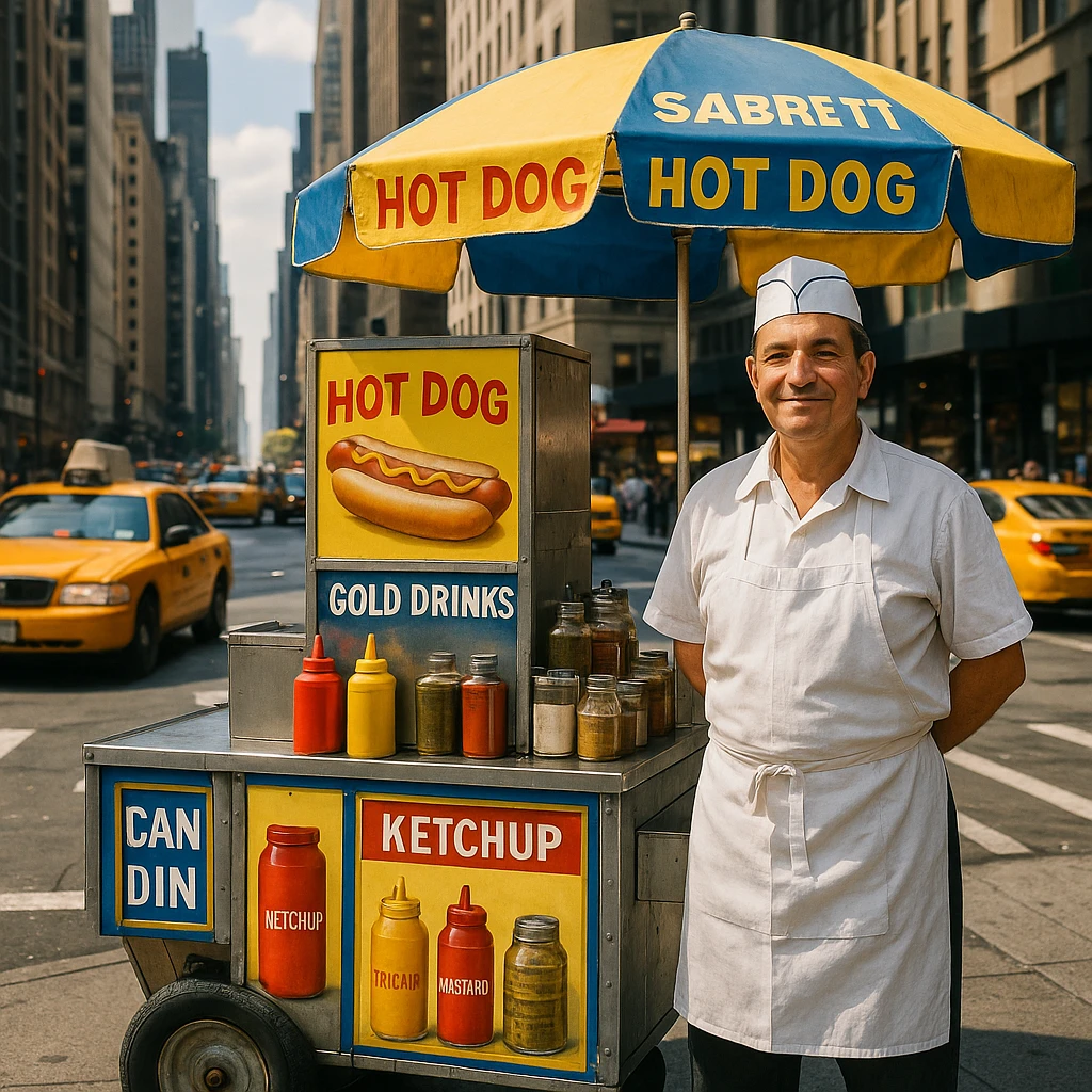 hotdog seller in New York with cart emoji