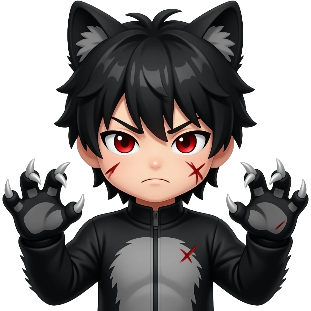Emo boy with side black fringe with a full buff black alpha furry suit on and red eyes angry with scar wolf man claws uwu hands emoji