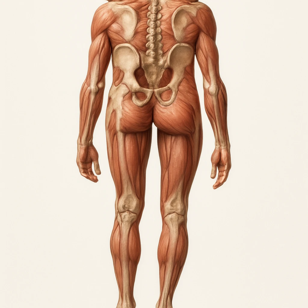 Edit the image to depict an inhibited leg (shorter than the other), in a medical anatomical style, posterior view, hyperrealism, with no background. Variation 3. emoji
